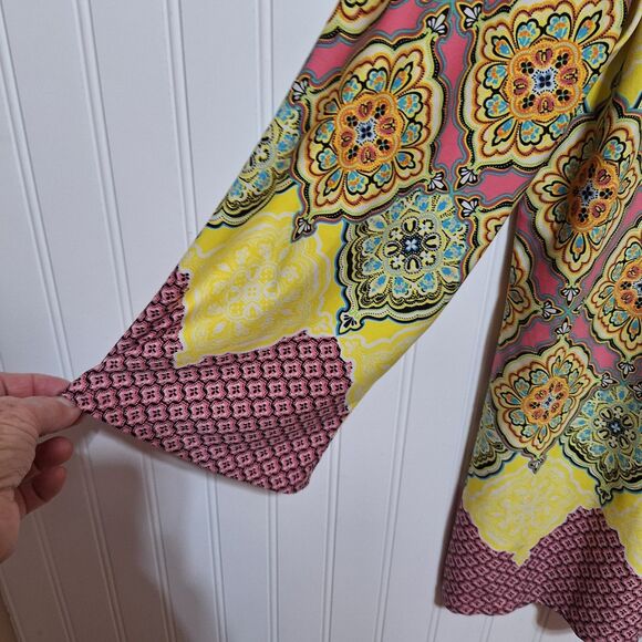 Sunny Leigh Womens Yellow  Printed Tunic Top Size M Stretch Morrocan 3/4 Slv Bar - Picture 5 of 7